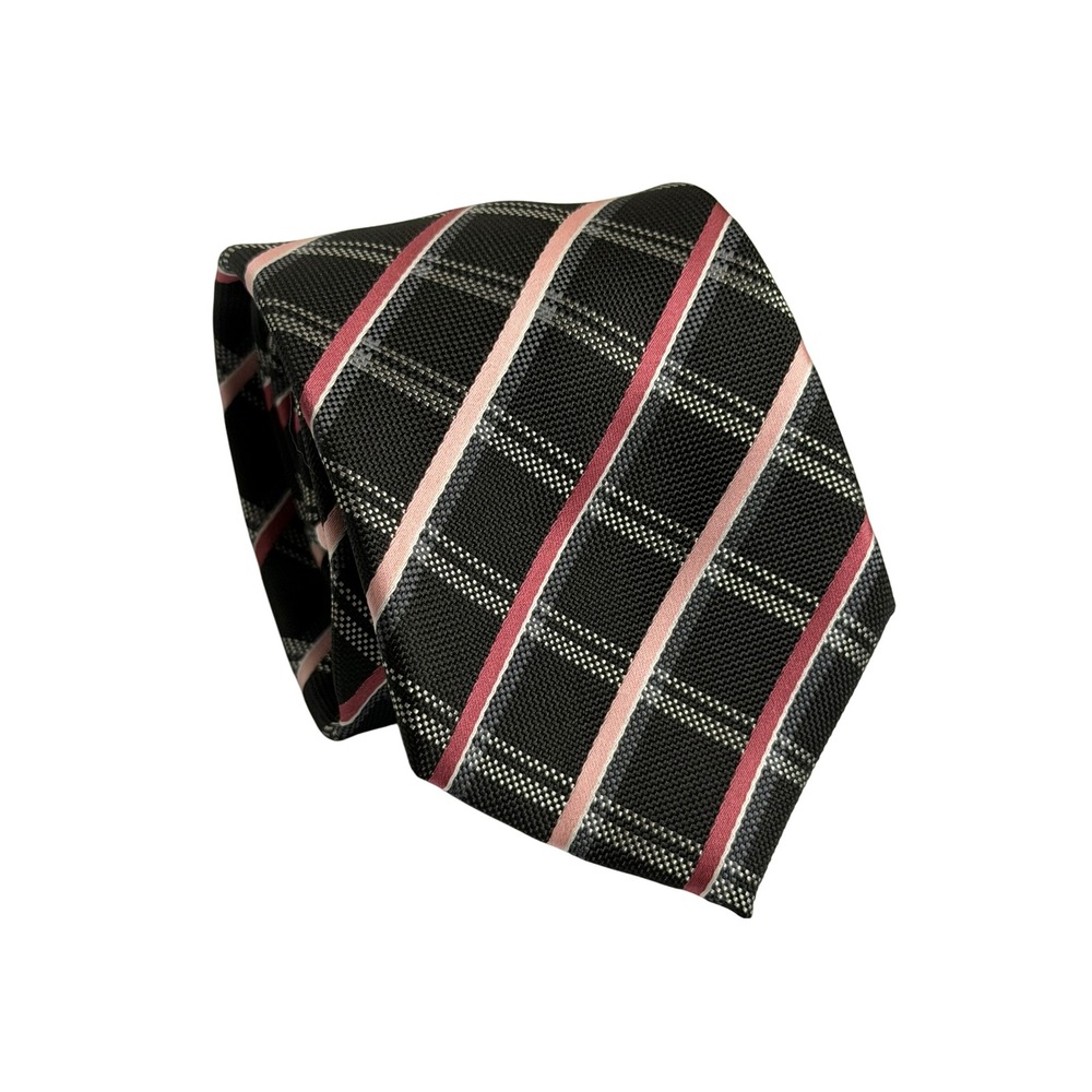 Bill Robinson Necktie Black Pink Plaid Striped Woven Textured Business Mens OS
